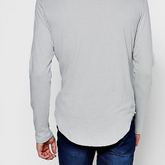 Mens Long Sleeve Longline Scoop T shirt Silver XL - Picture 3 of 4